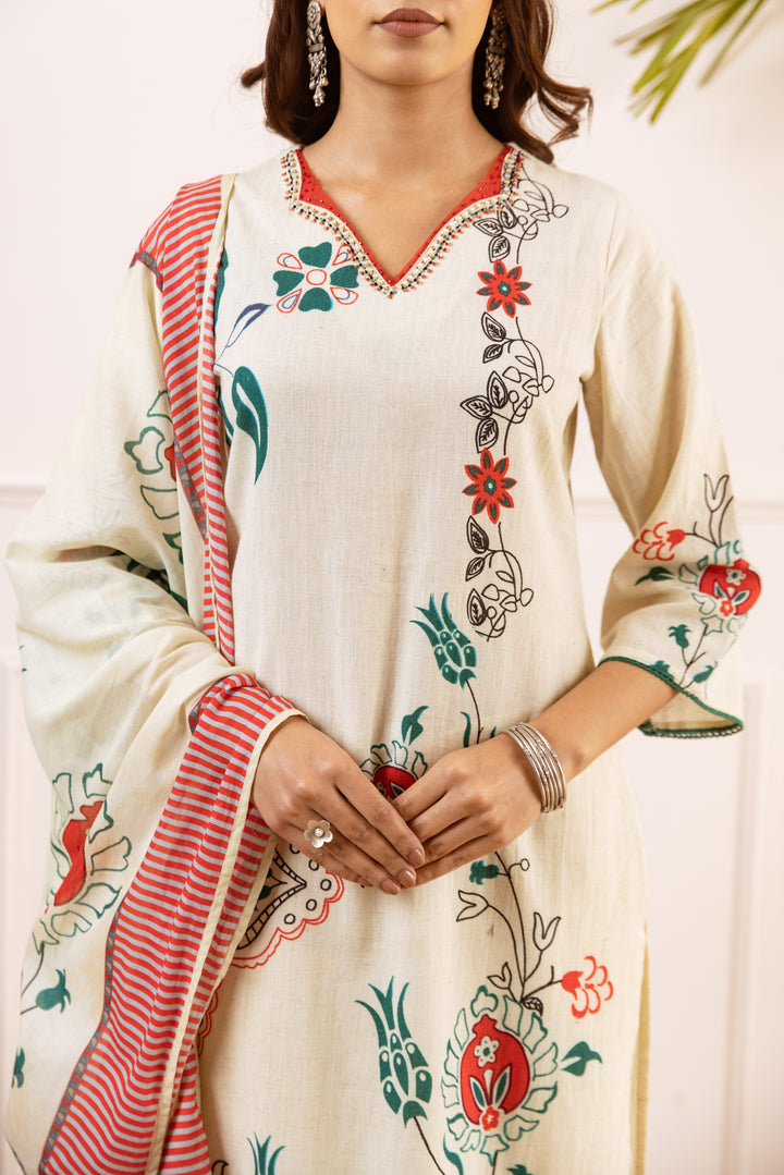 Nehamta Women's White Linen Kurta with Pant & Dupatta