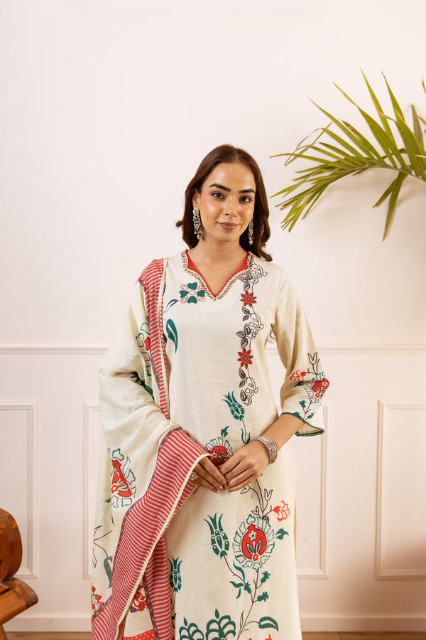 Nehamta Women's White Linen Kurta with Pant & Dupatta