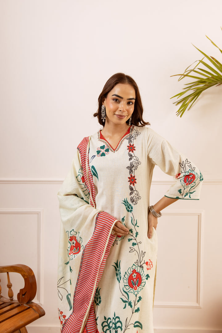 Nehamta Women's White Linen Kurta with Pant & Dupatta