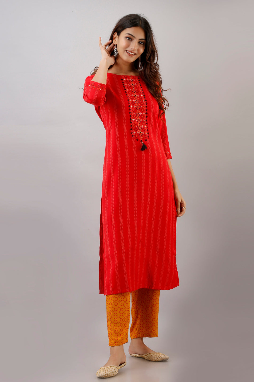 Red Color Rayon Straight Womens Kurta with Pant