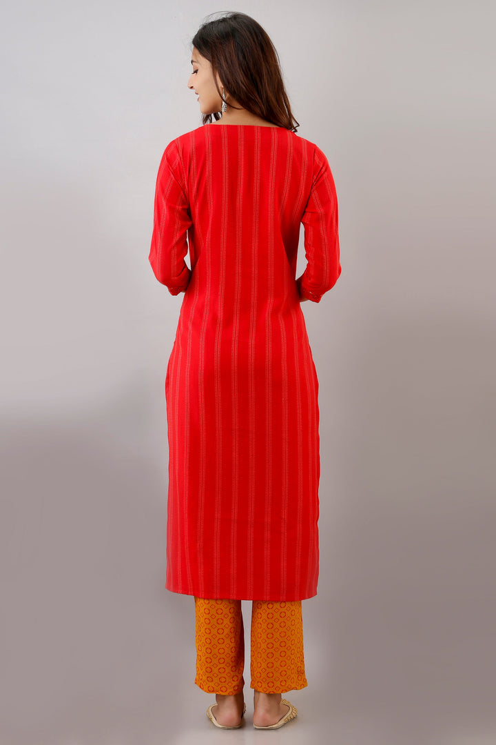 Red Color Rayon Straight Womens Kurta with Pant