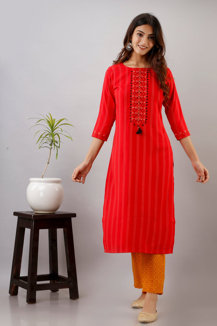 Red Color Rayon Straight Womens Kurta with Pant