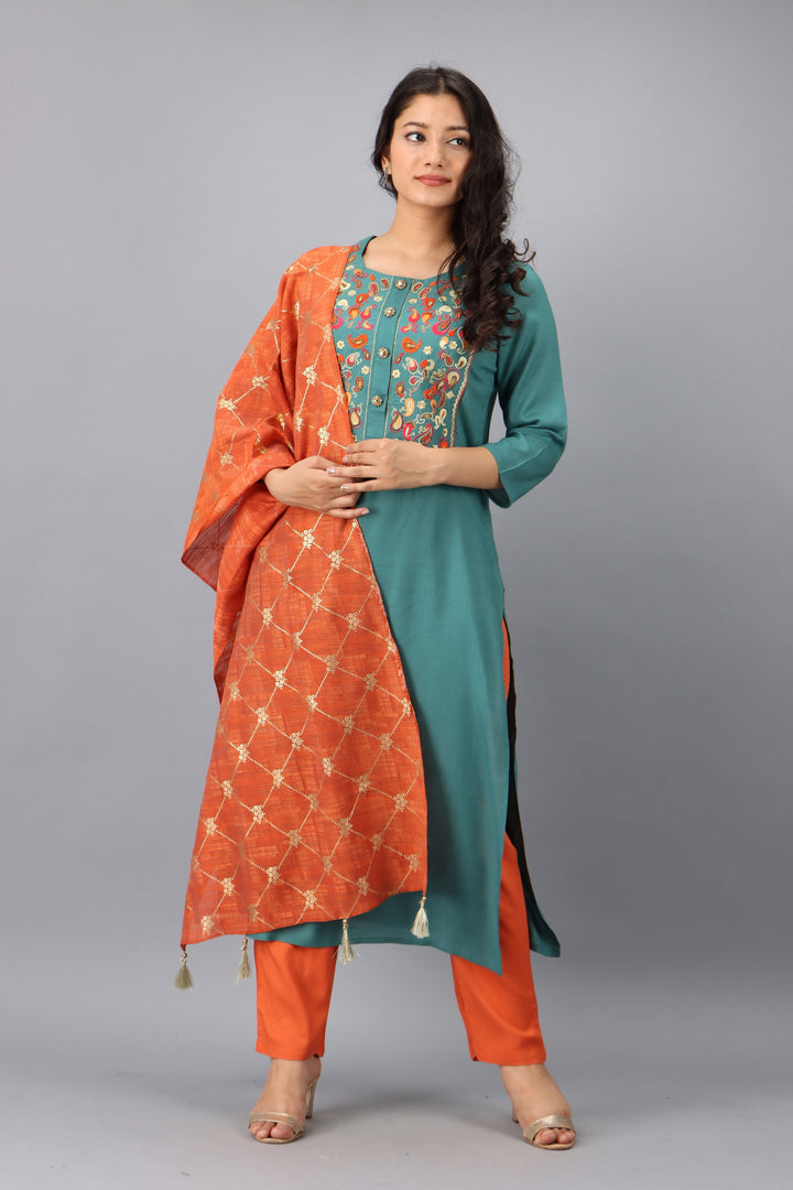 Turquoise Rayon Synthetic Straight Womens Kurta Set