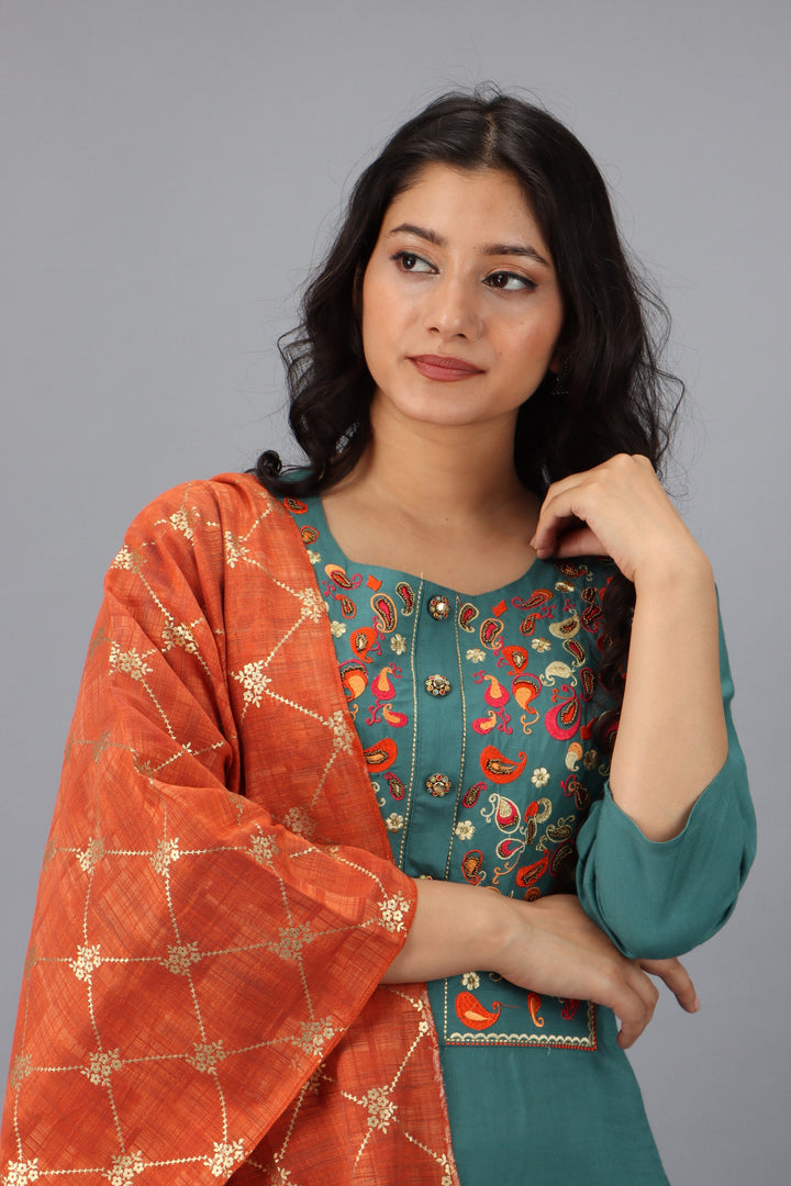 Turquoise Rayon Synthetic Straight Womens Kurta Set
