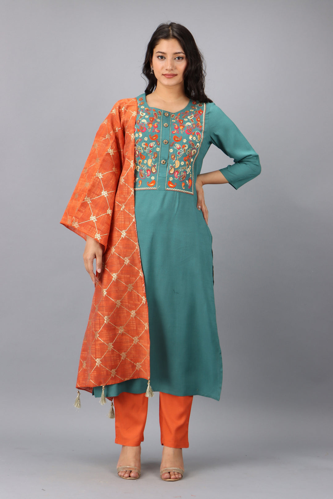 Turquoise Rayon Synthetic Straight Womens Kurta Set
