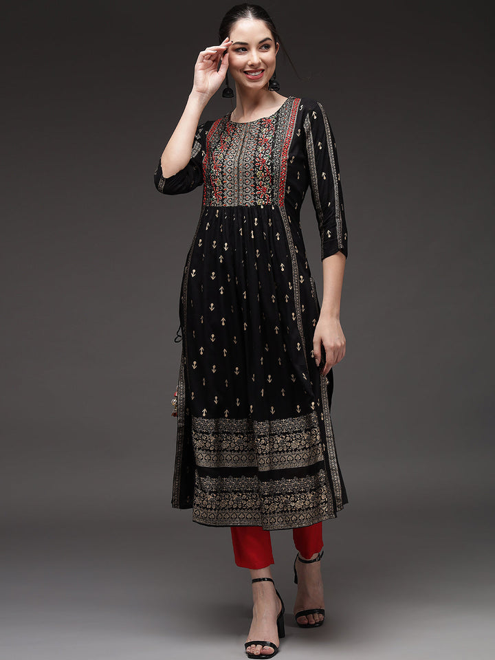 Black Color Rayon Slub A-Line Womens Kurta