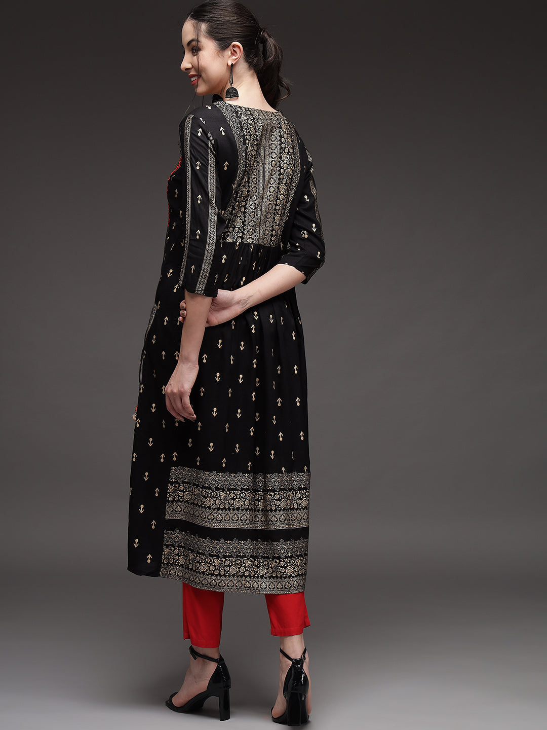 Black Color Rayon Slub A-Line Womens Kurta