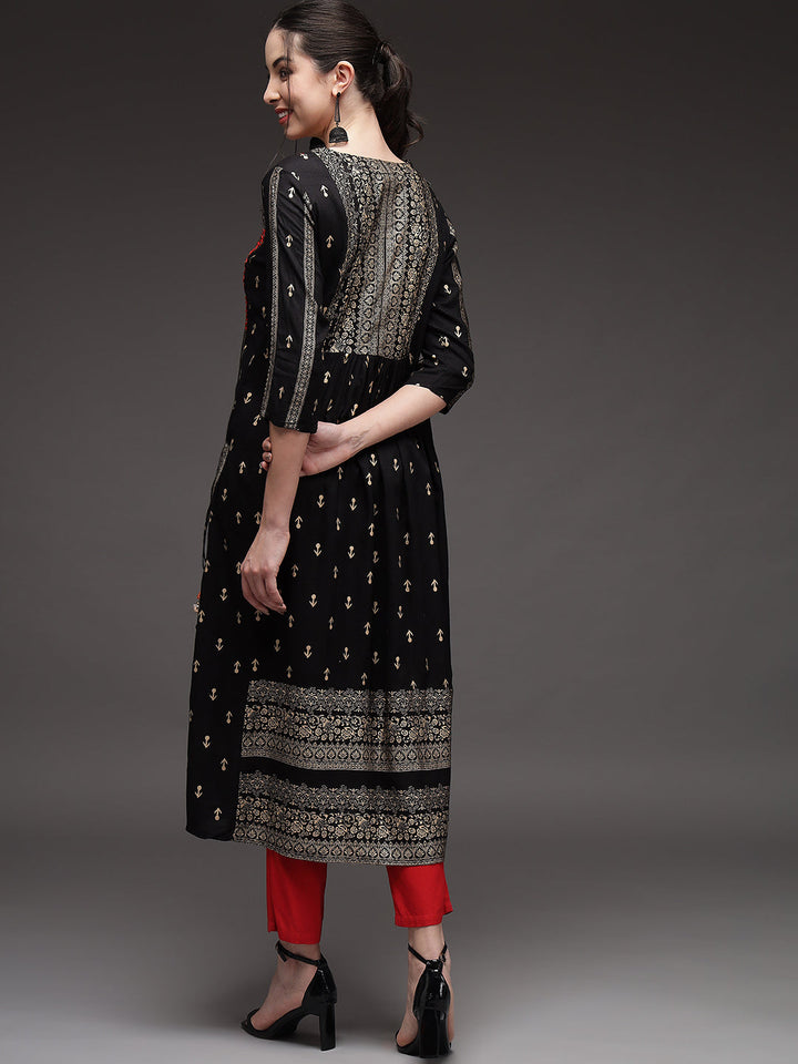 Black Color Rayon Slub A-Line Womens Kurta