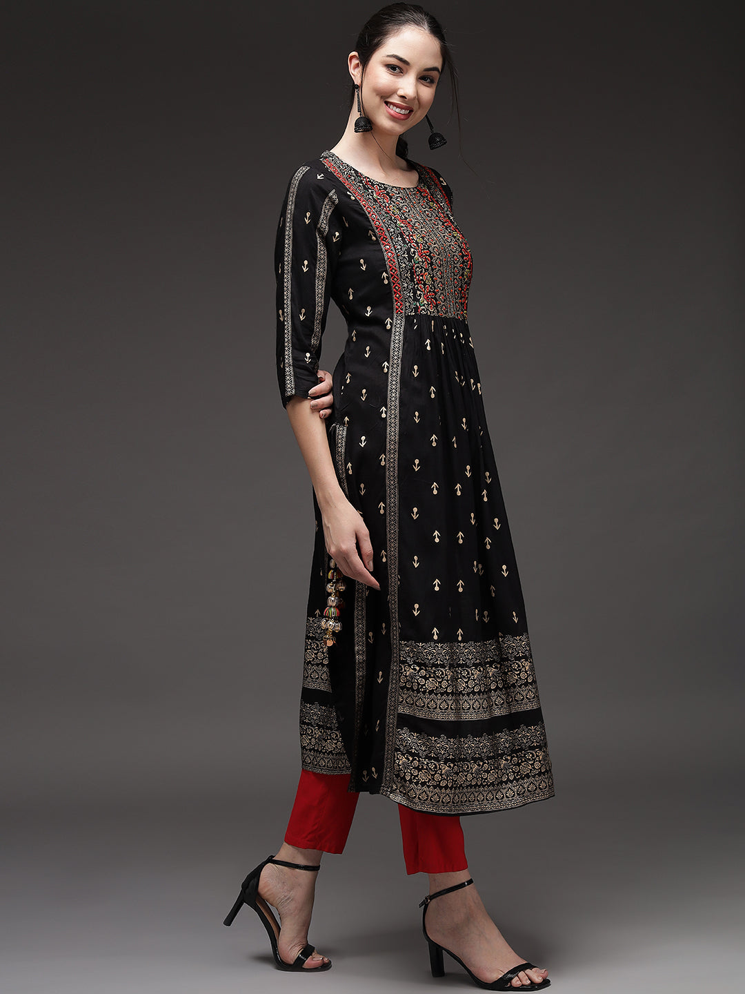 Black Color Rayon Slub A-Line Womens Kurta