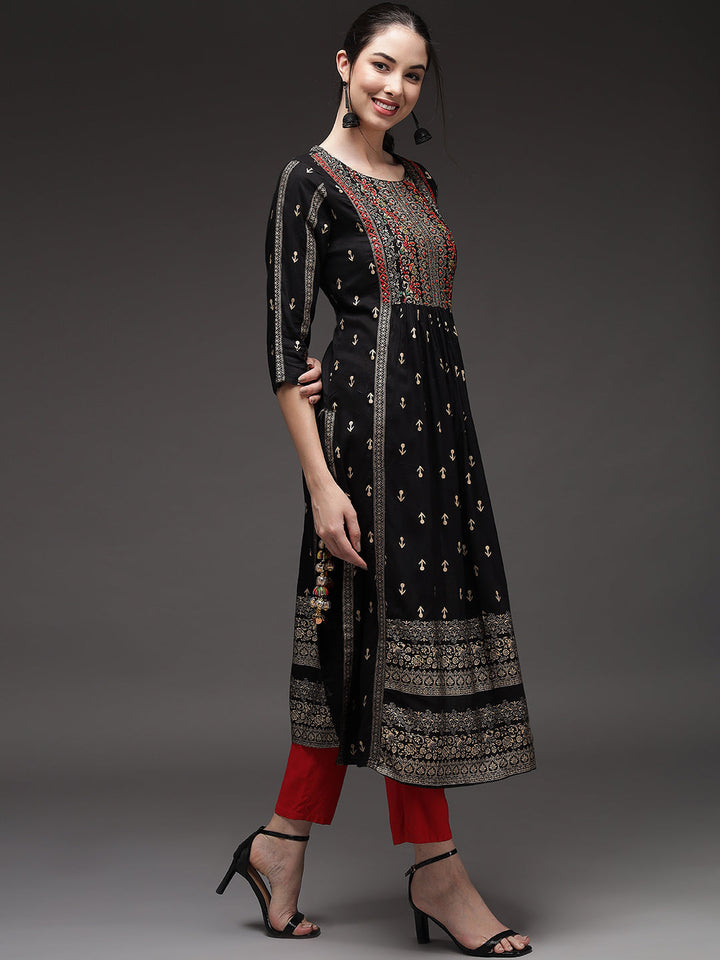 Black Color Rayon Slub A-Line Womens Kurta