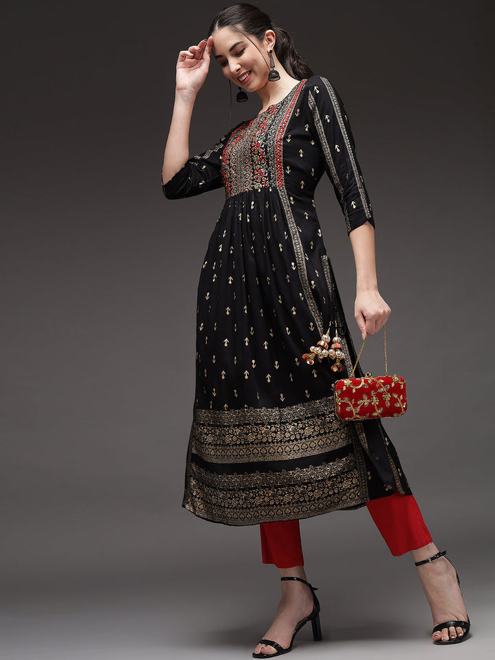 Black Color Rayon Slub A-Line Womens Kurta