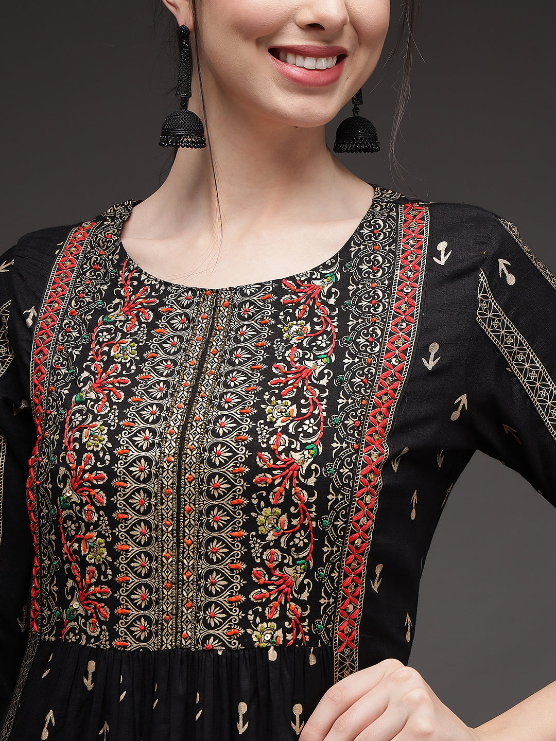 Black Color Rayon Slub A-Line Womens Kurta