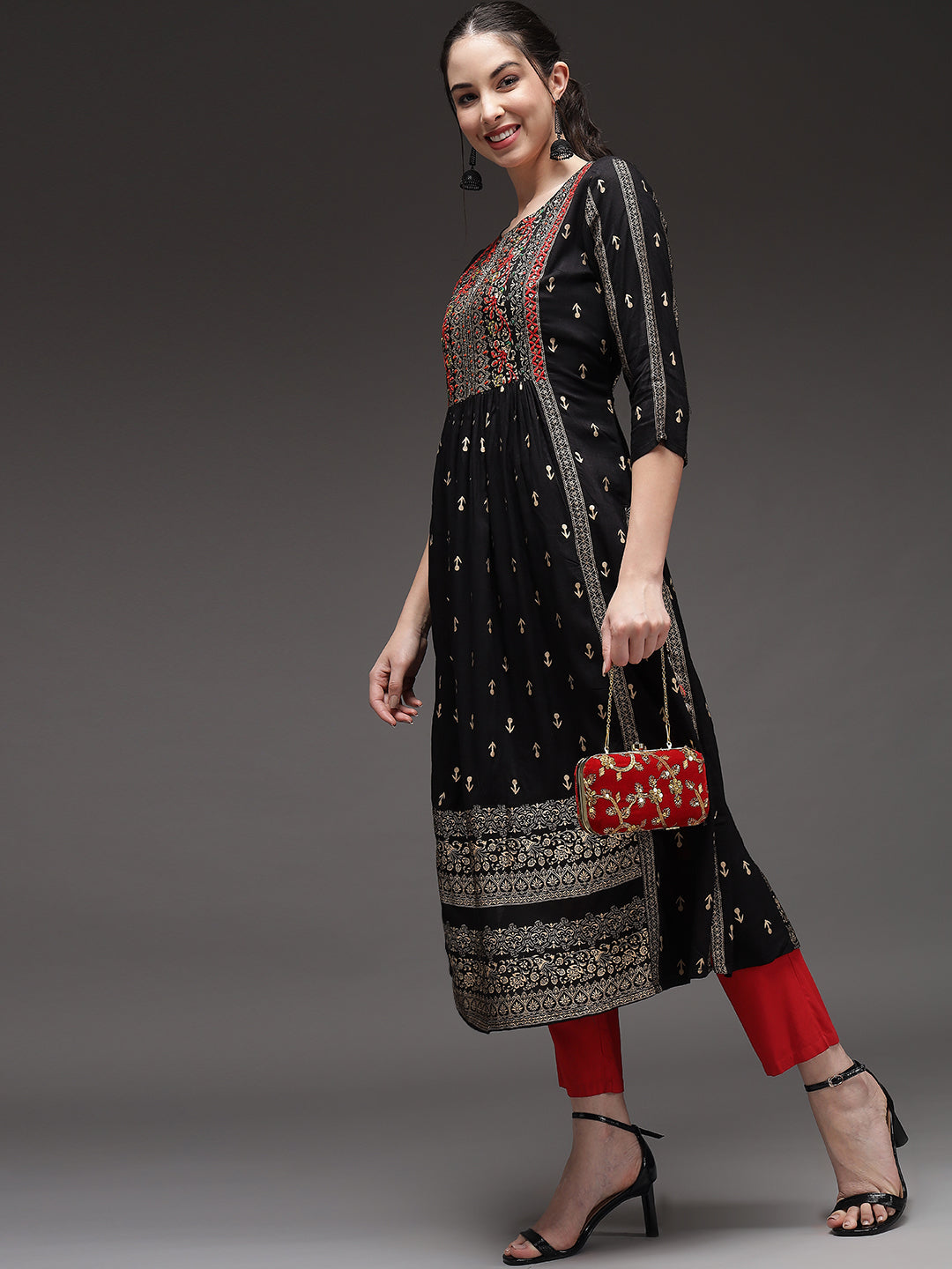 Black Color Rayon Slub A-Line Womens Kurta