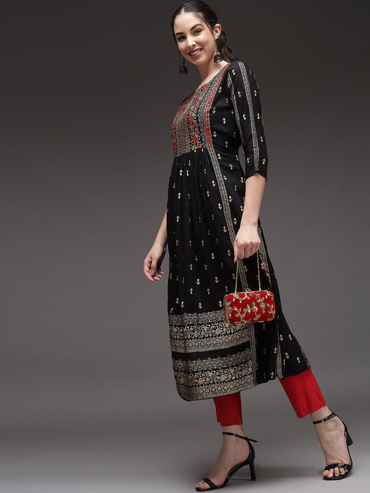 Black Color Rayon Slub A-Line Womens Kurta
