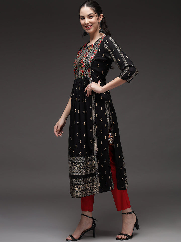 Black Color Rayon Slub A-Line Womens Kurta