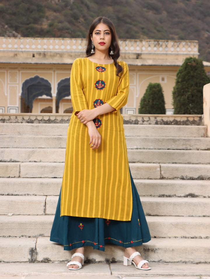 Yellow Color Rayon Slub Straight Womens Kurta with Palazzo