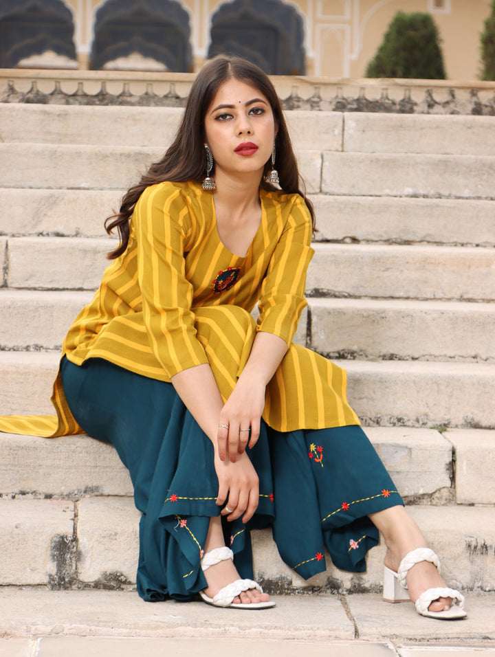 Yellow Color Rayon Slub Straight Womens Kurta with Palazzo