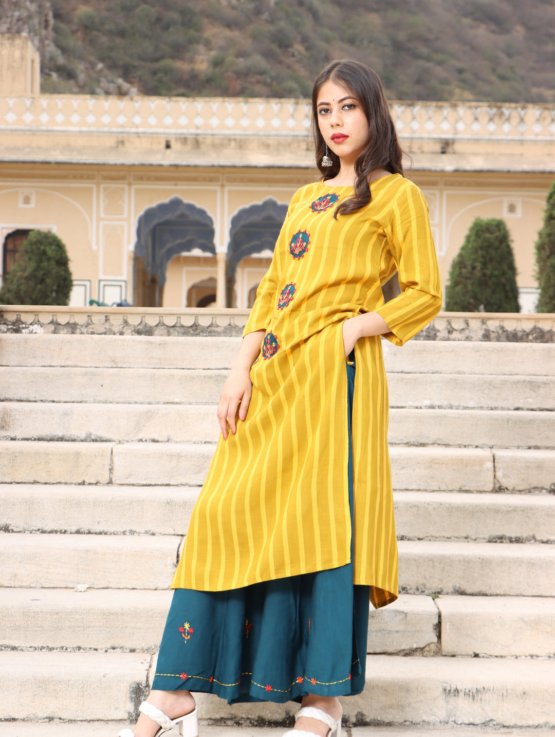 Yellow Color Rayon Slub Straight Womens Kurta with Palazzo