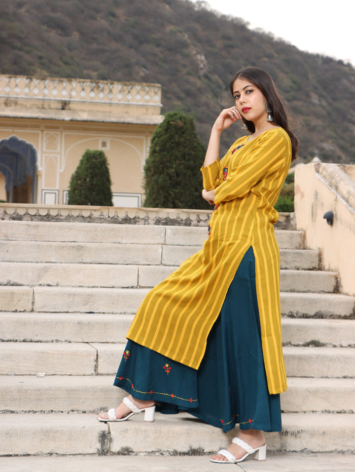 Yellow Color Rayon Slub Straight Womens Kurta with Palazzo