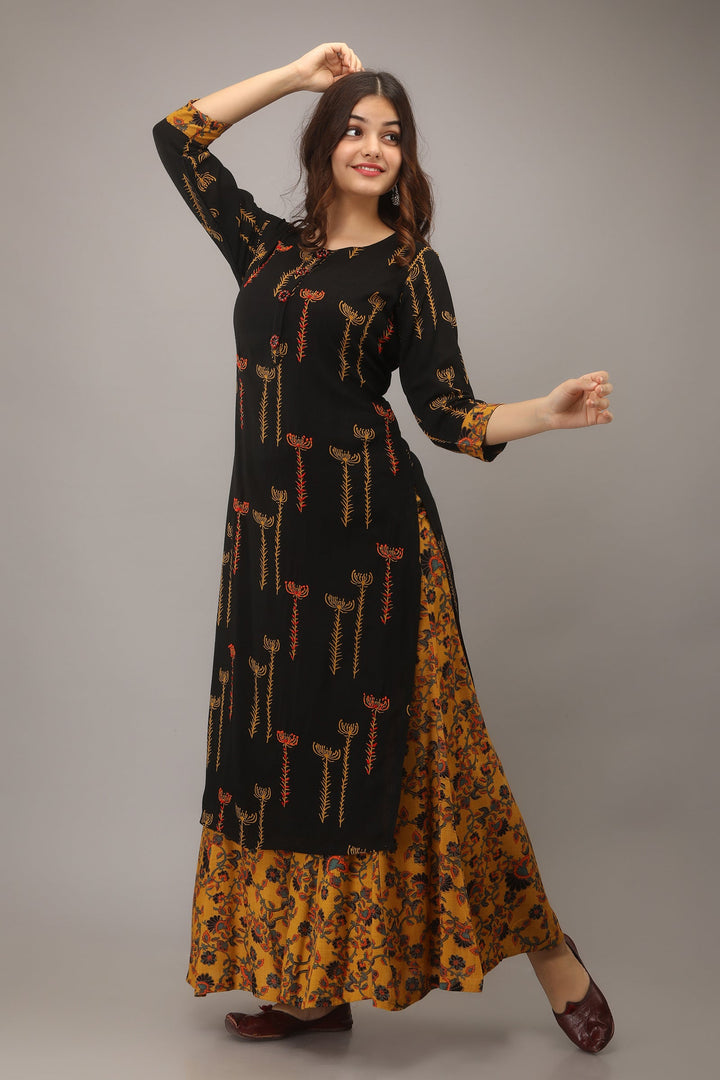 Black Color Rayon Slub Straight Women's Kurta with Palazzo