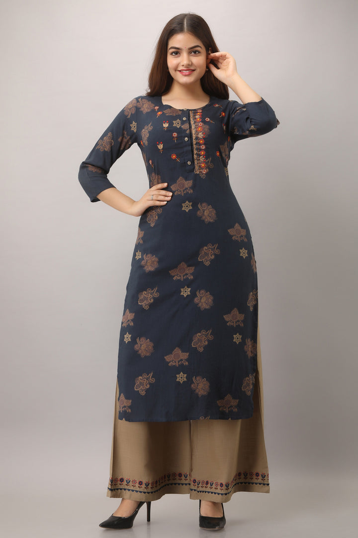 Navy Blue Color Rayon Slub Straight Womens Kurta with Palazzo