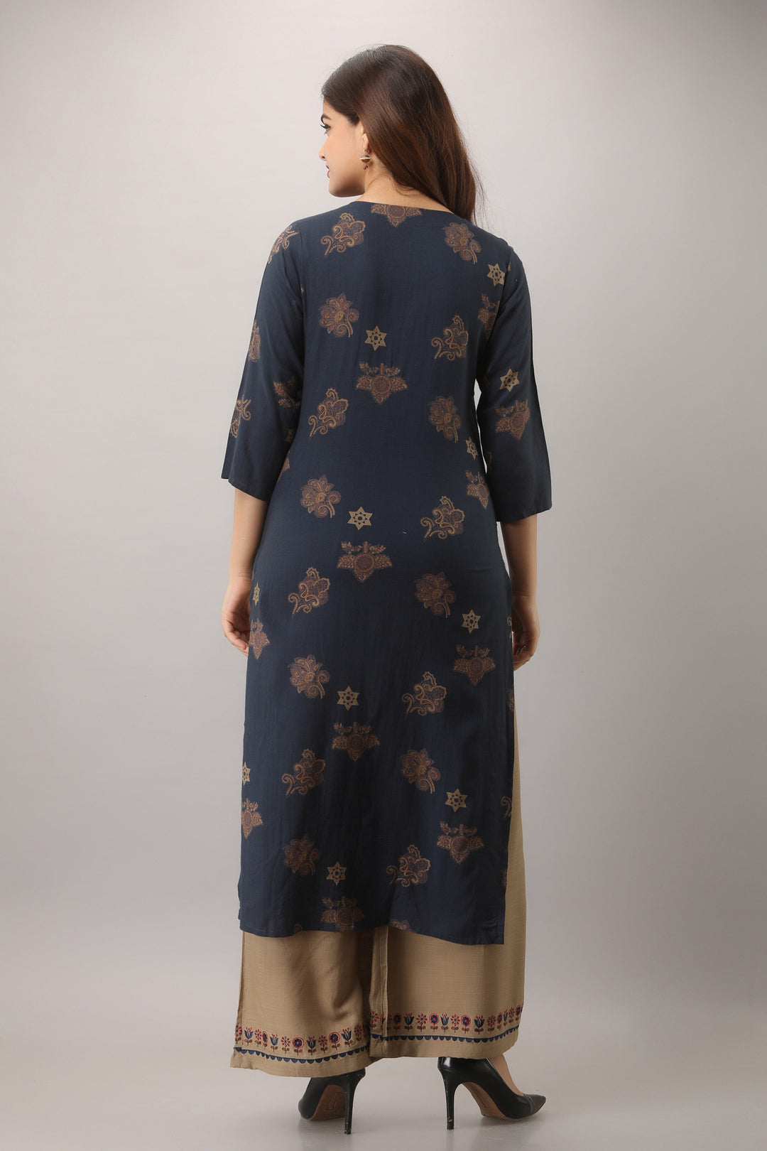 Navy Blue Color Rayon Slub Straight Womens Kurta with Palazzo