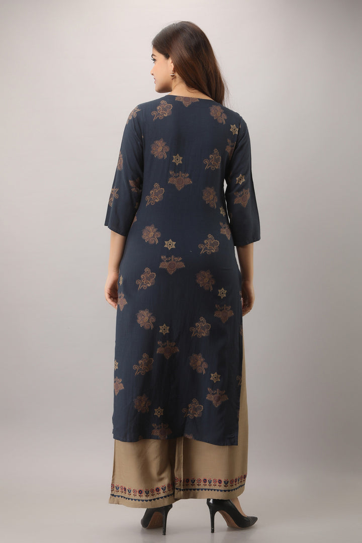 Navy Blue Color Rayon Slub Straight Womens Kurta with Palazzo