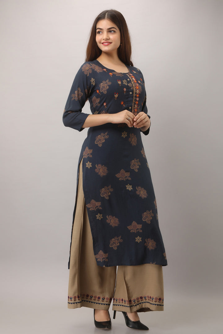 Navy Blue Color Rayon Slub Straight Womens Kurta with Palazzo