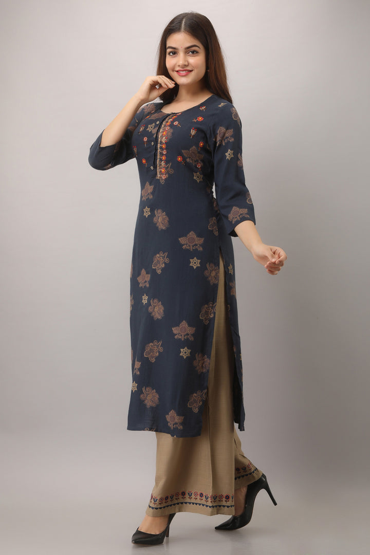 Navy Blue Color Rayon Slub Straight Womens Kurta with Palazzo