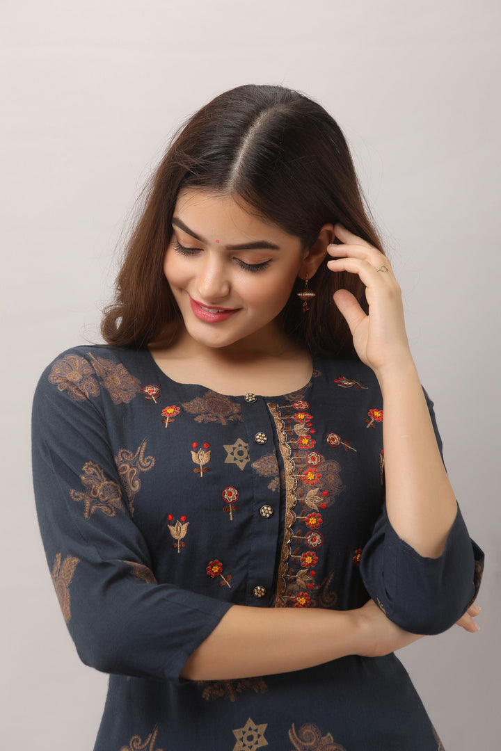 Navy Blue Color Rayon Slub Straight Womens Kurta with Palazzo
