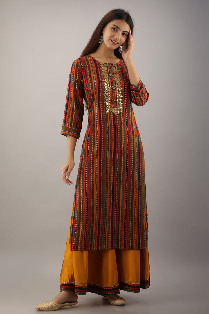 Multicolor Rayon Straight Womens Kurta with Divider Palazzo Set