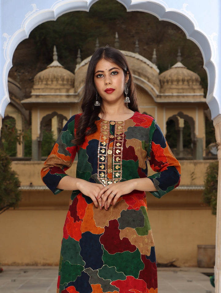 Multicolor Rayon Straight Women's Kurta with Divider Palazzo Set