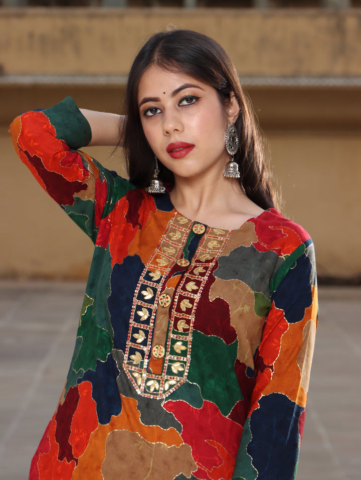 Multicolor Rayon Straight Women's Kurta with Divider Palazzo Set