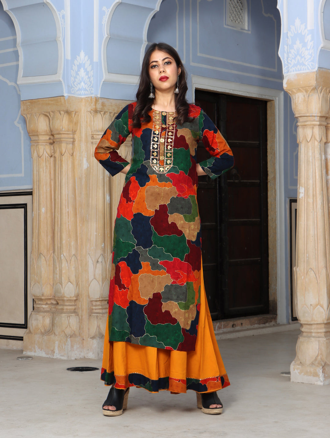 Multicolor Rayon Straight Women's Kurta with Divider Palazzo Set
