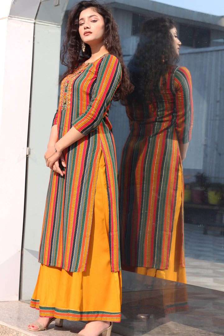 Color Multi Rayon Straight Womens Kurta with Divider Palazzo