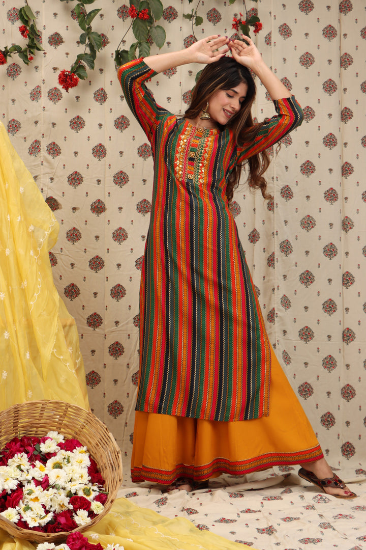 Color Multi Rayon Straight Womens Kurta with Divider Palazzo