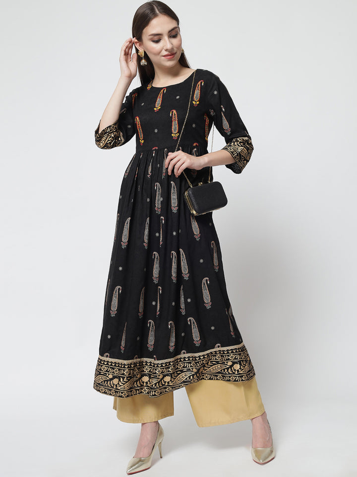 Womens Black Rayon A-line Dress Kurta
