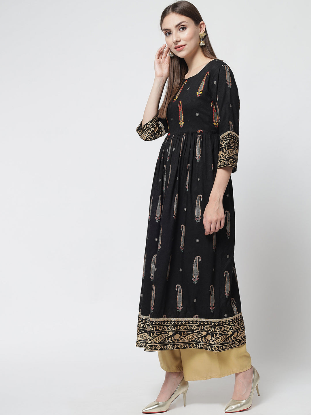Womens Black Rayon A-line Dress Kurta