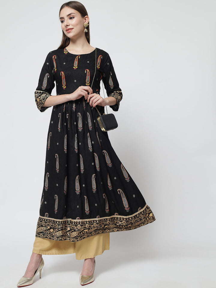 Womens Black Rayon A-line Dress Kurta