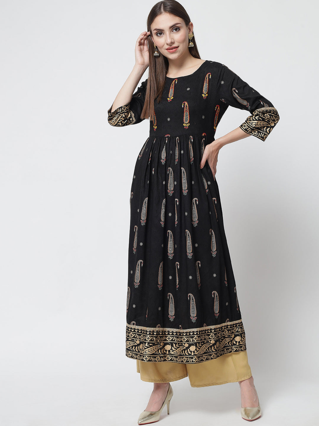 Womens Black Rayon A-line Dress Kurta