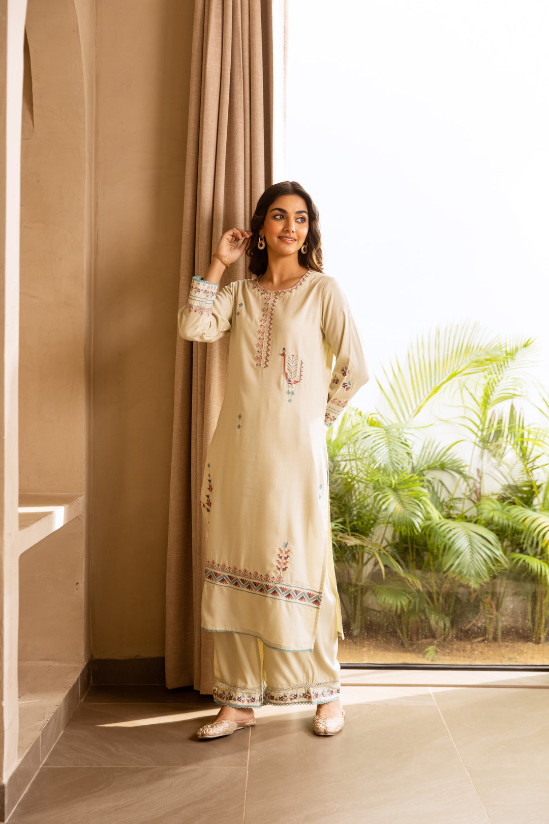 Nehamta Women's Cream German Rayon Kurta & Palazzo Set