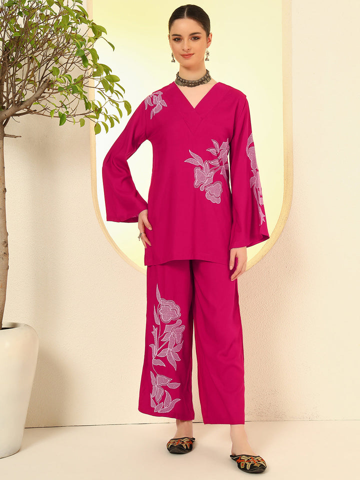 Nehamta Women's Rani Pink Rayon Co-Ord Set