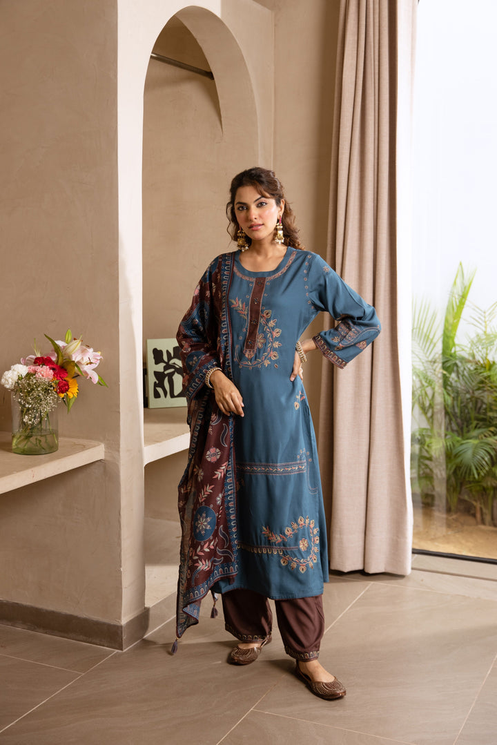 Nehamta Women's Grey German Rayon Kurta, Palazzo & Dupatta Set