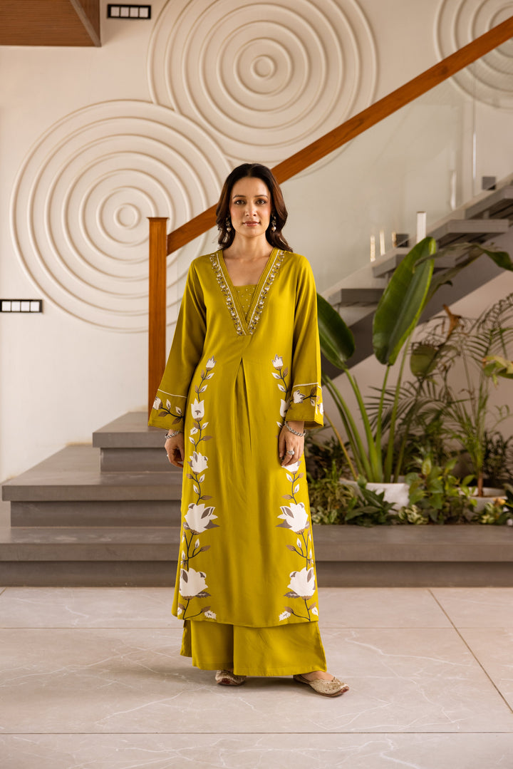 Nehamta Women's Lime Green German Rayon Kurta & Palazzo Set