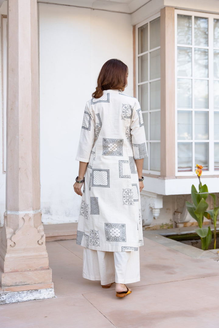 Nehamta Women's White Cotton Blend Kurta & Palazzo Set