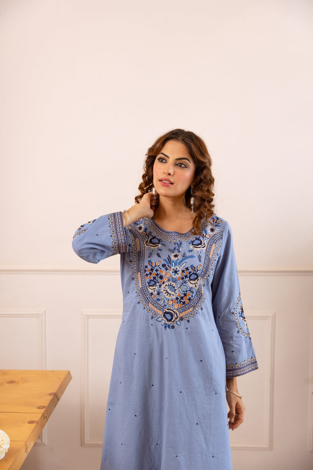 Nehamta Women's Sky Blue Cotton Asymetrical Kurta & Palazzo