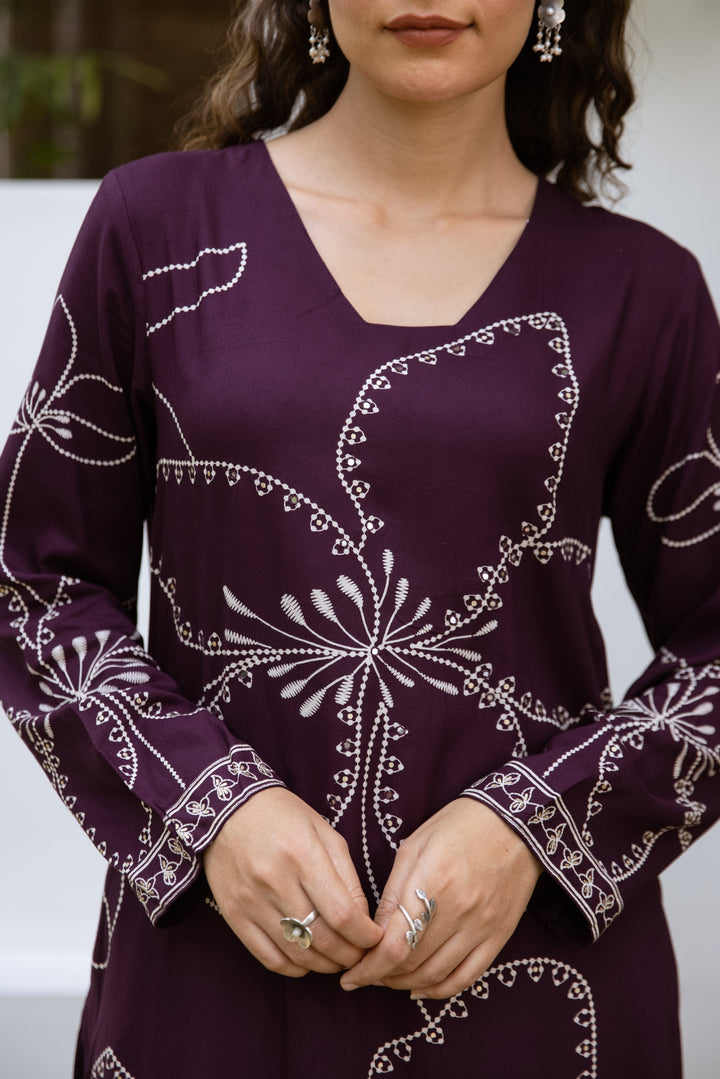 Nehamta Women's Wine German Rayon Kurta & Palazzo Set