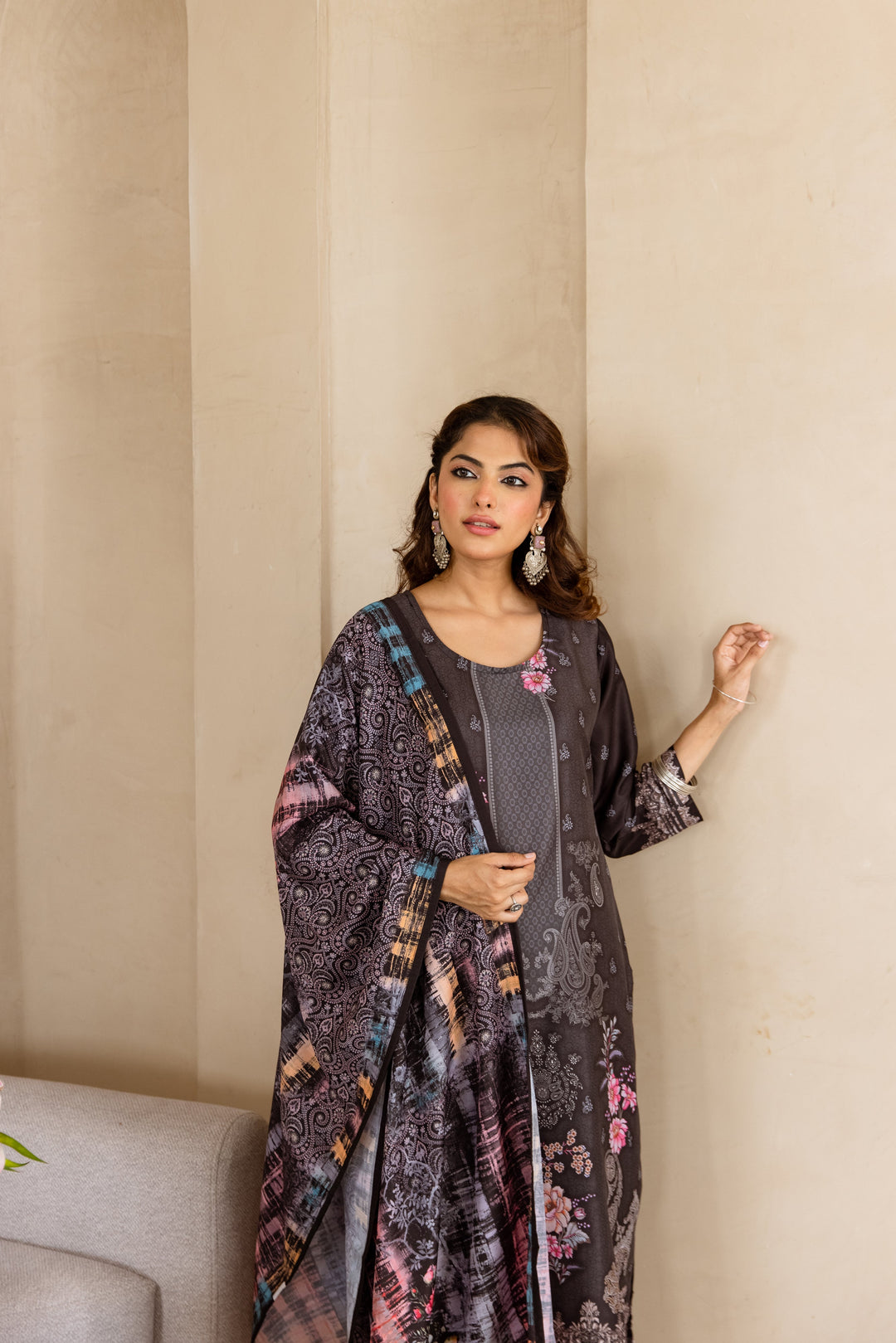 Nehamta Women's Black Viscose Muslin Kurta, Pant & Dupatta Set