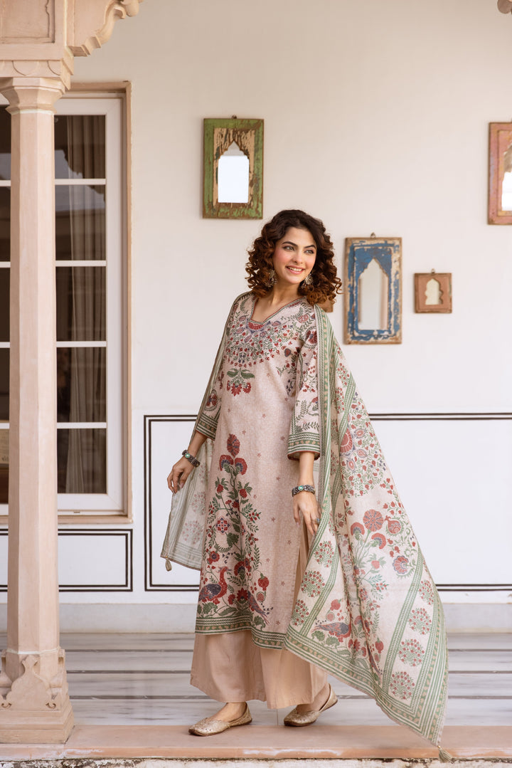 Nehamta Women's Beige Cotton Blend Kurta with Palazzo & Dupatta