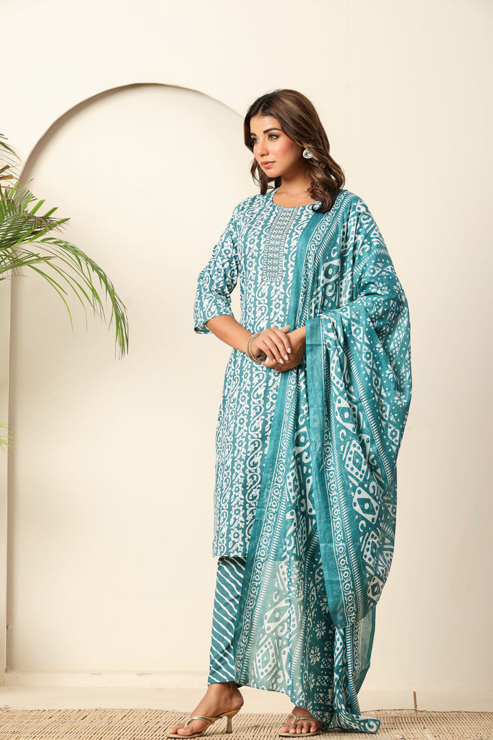 Nehamta Women's Teal Blue Cotton rayon Kurta, Pant & Dupatta Set